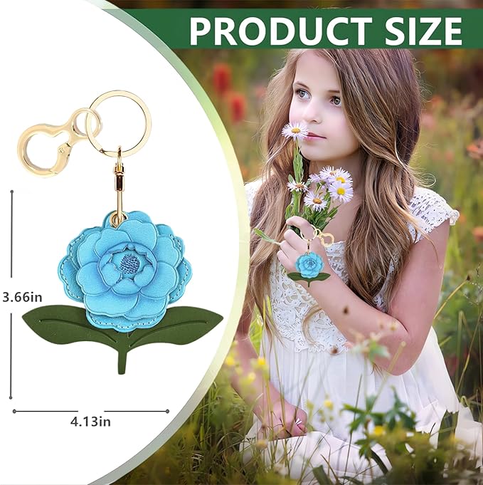 Leather Keychain Holder Case Compatible with AirTag,Cute Protective Apple Air Tag Cover with Keychain Ring,Anti-Scratch Finder GPS Tracker Case for Wallet Keys,Bag,Pets(Blue Peony)