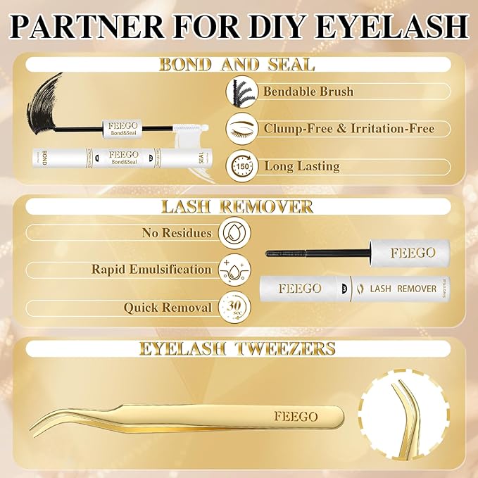 FEEGO Natural Mix Lash Kits 12 Row Upper Lash + Lower Lash Set 132pcs Lashes, Complete Eye Makeup Set 3D Curl Adapts to a wide range of eye shapes (Includes Lash Bond/Seal Glue/Remover/Tweezers)