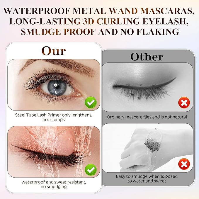Ultra-Fine Lengthening Waterproof Quick-Dry Mascara,2026 New Iron Wand Mascara,Long-lasting 3D Curling Eyelash,Waterproof Metal Wand Mascaras,Smudge Proof and No Flakingfor Fine Short Lash(Brown+Back)