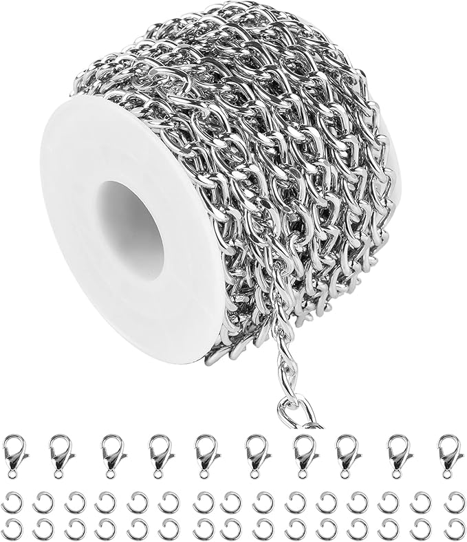 16.4 Feet Twisted Curb Chain Links Silver Plated Aluminum Bracelet Necklace Chain Bulk for DIY Craft Jewelry Making with Lobster Clasps and Jump Rings