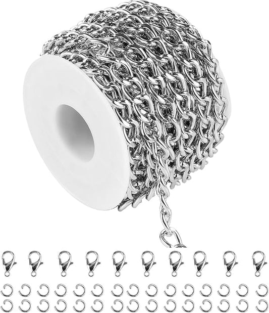 16.4 Feet Twisted Curb Chain Links Silver Plated Aluminum Bracelet Necklace Chain Bulk for DIY Craft Jewelry Making with Lobster Clasps and Jump Rings