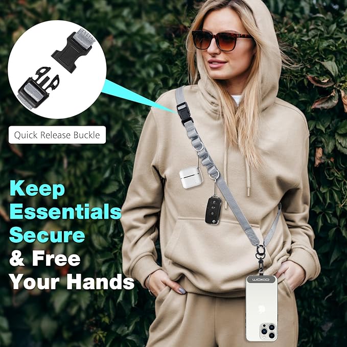 MoKo Universal Phone Lanyard, Nylon Adjustable Cell Phone Crossbody Strap Detachable Women & Men Cellphone Lanyards Around the Neck with Patches for iPhone, Most Smartphone, Dark Gray