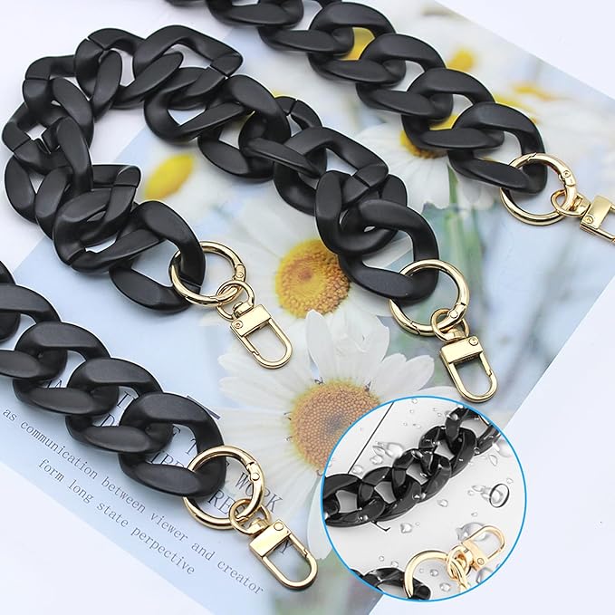 DaKuan 2 PCS Black Acrylic Flat Chain Strap for Handbag Replacement, DIY Bag Strap for Crossbody Clutch Craft (40cm & 120cm)