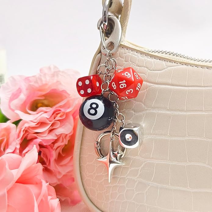 Y2K Keychain for Women, 8 Ball Dice Charm with Carabiner Clip - Cute Goth Core Keychain Bag Charm for Keys Bags Jeans