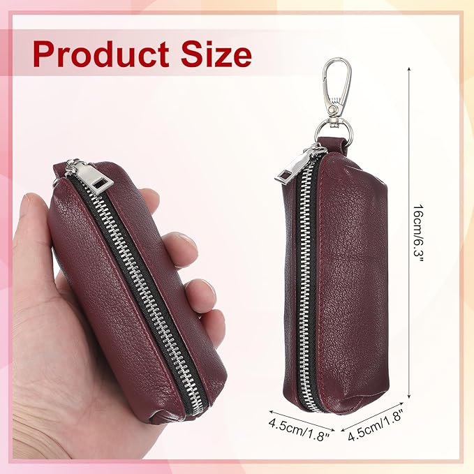 uxcell Leather Coin Purse, Leather Car Key Holder Bag Hand-held Change Purse Keychain Pouch Small Coin Pouch with Key Ring for Women and Men, Claret
