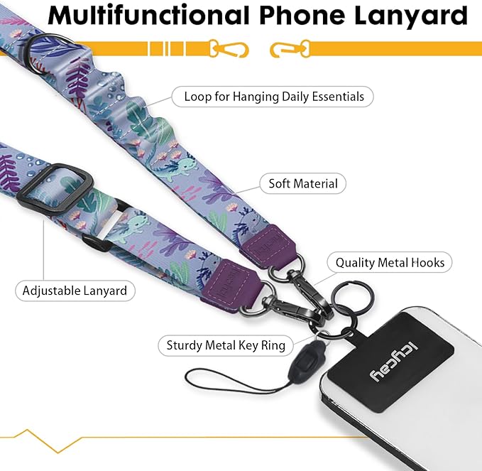 Phone Lanyard Crossbody, Axolotls Cell Phone Strap for Around The Neck Adjustable, Anti Theft Cute Lanyard for iPhone Case ID Holder Keys Accessories Travel Essential