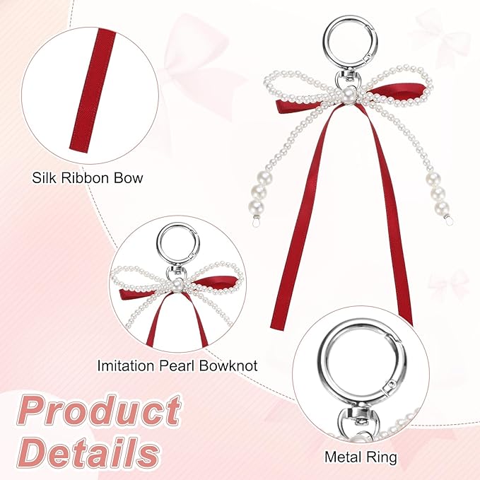 MECCANIXITY Pearl Bow Keychain, Y2k Aesthetic Imitation Pearl Bowknot Ribbon Keyring for Tote Bags Purse Handbag Charm