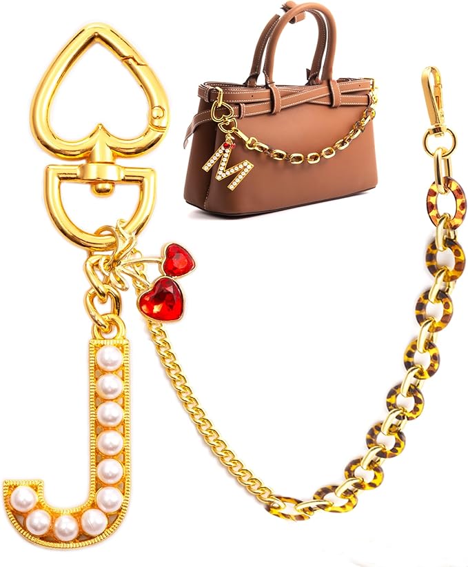 Pearl Initial Keychain with Leopard Bag Charms Wallet Chain Women Cute Alphabet Keychains Charm for Purse Handbag