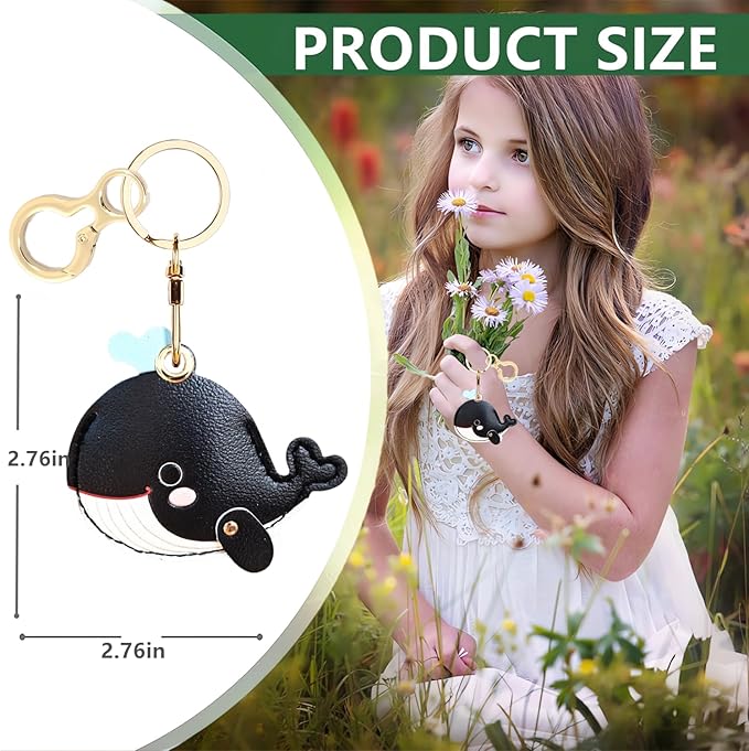 Leather Keychain Holder Case Compatible with AirTag,Cute Protective Cover with Keyring,Anti-Scratch Finder GPS Tracker Case for Wallet Keys,Bag,Pets(Whale Black)