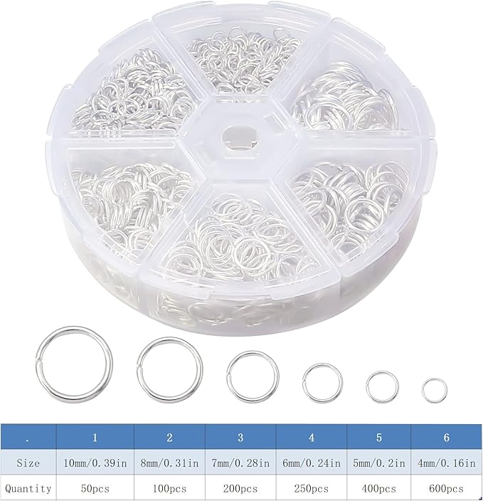 1600Pcs Open Jump Rings Silver Jump Rings Set Silver Plated Jump Rings for Jewelry Making Connectors(4mm 5mm 6mm 7mm 8mm 10mm)
