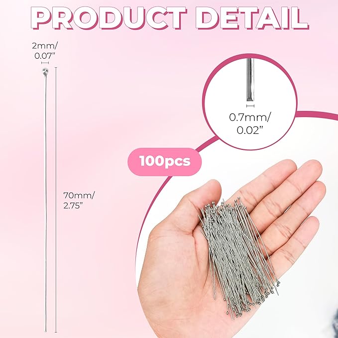 Ball Pins for Jewelry Making – 100 Pcs 70mm Long Stainless Steel Hypoallergenic Headpins, 24 Gauge Silver Plated Wire Findings for Beads, Earrings, Necklaces, DIY Crafts