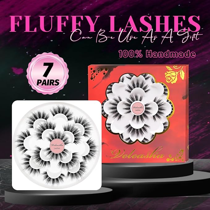 Veleasha Lashes 5D Faux Mink Lashes Fluffy False Eyelashes Handmade Eye Lashes Wispy Lightweight Fake Lashes Luxurious Volume Fake Eyelashes 7 Pairs Pack (Dubai)