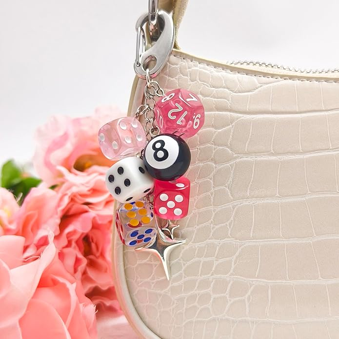 Y2K Keychain for Women, 8 Ball Dice Charm with Carabiner Clip - Cute Goth Core Keychain Bag Charm for Keys Bags Jeans