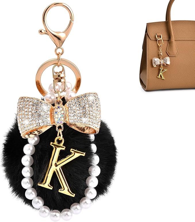 Gold Initial Keychain with Rhinestone Bow & Black Pom Pom, Cute Letter Bag Charm for Women Purse and Car Keys