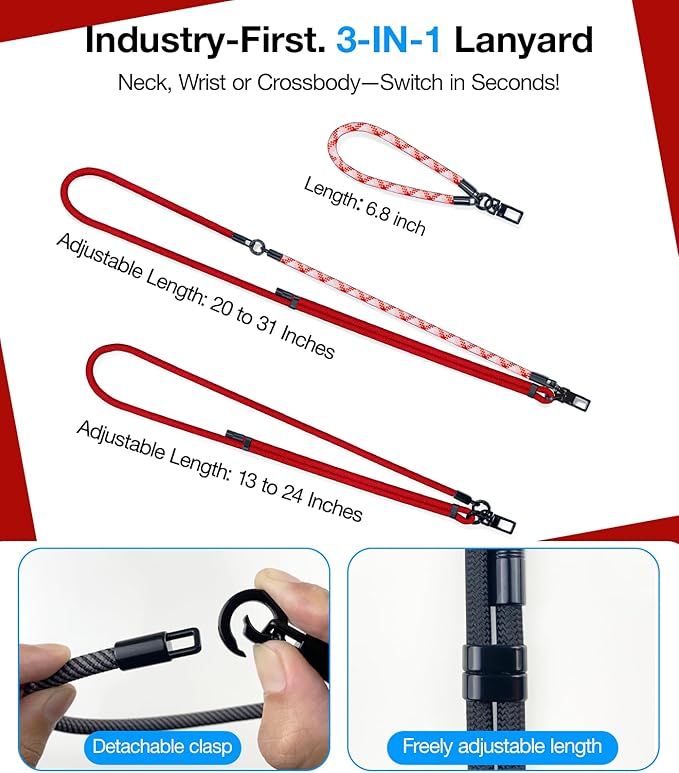 Phone Lanyard Crossbody, 3-in-1 Neck Strap& Wrist Strap, Adjustable Anti-Theft Lanyard with 2 Phone Tether Tabs, Universal Cell Phone Strap for iphone 17 pro max,Travel Essential, Red