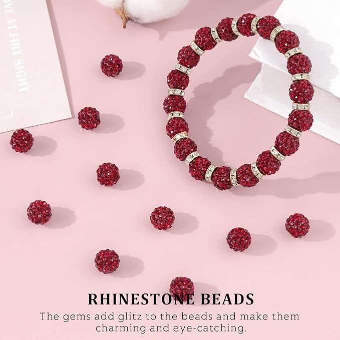 120pcs 10mm Rhinestone Beads for Jewelry Making, Dark Red Shiny Round Shamballa Disco Ball Beads Bulk, Sparkle Crystal Clay Christmas for Bracelet Baseball Necklace Earring Crafting and DIY