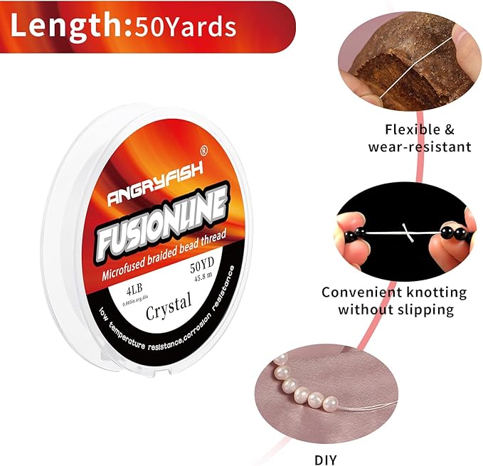 ANGRYFISH Fusionline Micro-Fused Braided Thread,Unbelievably High Tensile Strength,Not Stretch,Super Strong Stringing Material for Bracelet (Crystal, 4lb,0.005in-50yd)