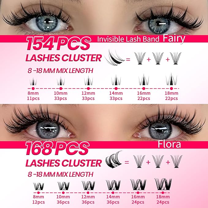 Lash Clusters Kit Eyelash Clusters Kit Fairy Cluster Eyelash Extensions Large Pack Lashes Clusters Lash Extension Kit Pestañas Postizas Naturales+Lash Bond&Seal,Remover,Tweezers,Brush(Lash Kit-8)