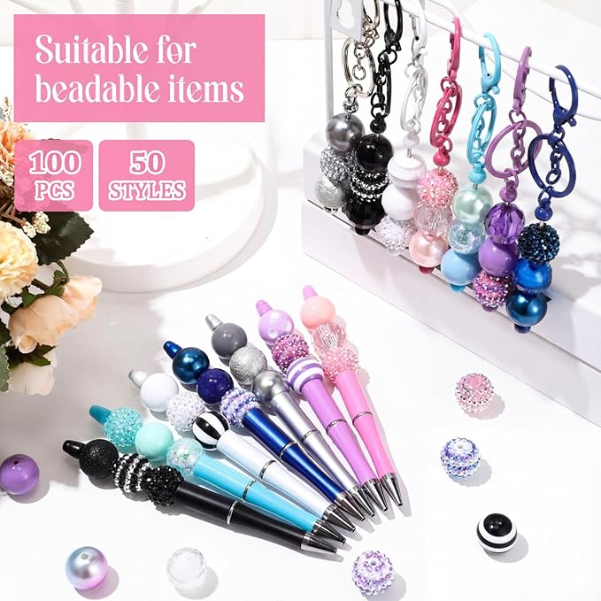 100 Pcs 20mm Rhinestone Bubblegum Beads for Pens Mixed Crystal Resin Chunky Beads for DIY Craft Keychain Necklace Bracelet Jewelry Making(Mermaid Color)