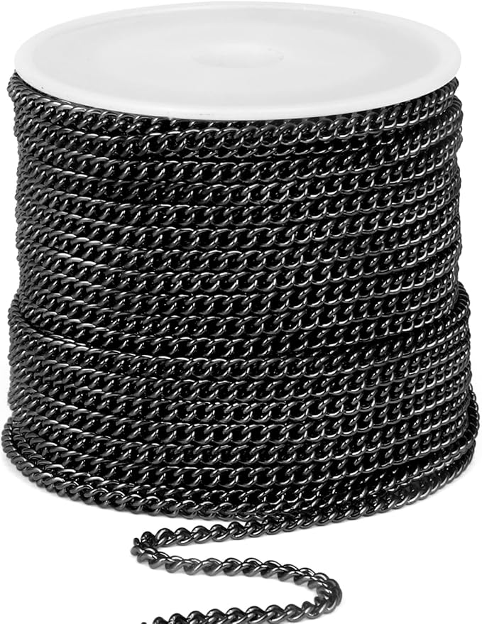 66FT Gunmetal Stainless Steel Curb Chains Roll, 3mm 304 Stainless Steel Black Flat Twisted Links Curb Chains Bulk Spool for Jewelry Making DIY Craft