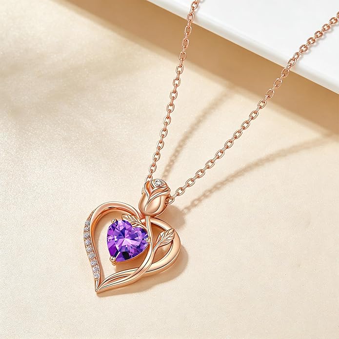 1.2CT Rose Heart Necklace Option of Moissanite or Lab-Grown Sapphire Ruby Emerald&More Necklace for Women Birthstone Girlfriend Necklace S925 Sterling Silver 18K White/Rose Gold Plated D Color VVS1 Gift for Wife Mother Daughter for Birthday Anniversary...