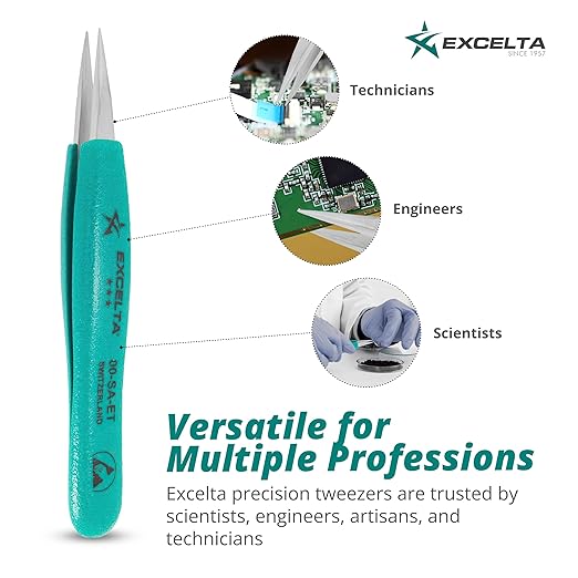 Excelta 00-SA-ET Stainless Steel Precision Tweezers, Straight Medium Point, Anti-Magnetic, ESD-Safe, Heat-Resistant, Anti-Static, Ergonomic, Professional-Grade for Lab, Electronics, Medical & Crafting