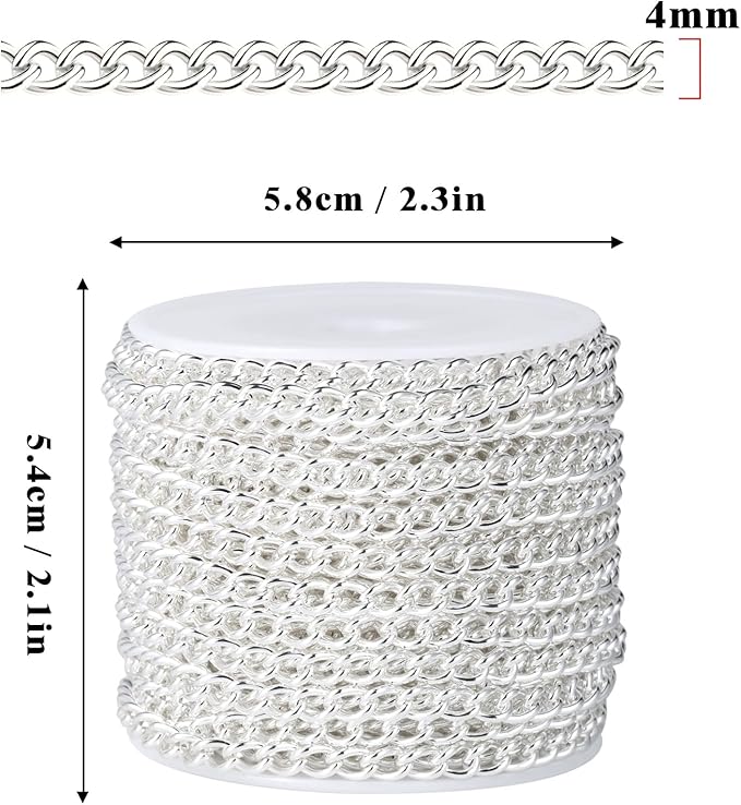 33 Feet Silver Curb Chains Bulk, 4mm Silver Plated 304 Stainless Steel Twisted Link Chains Roll Spool for Jewelry Making DIY Craft