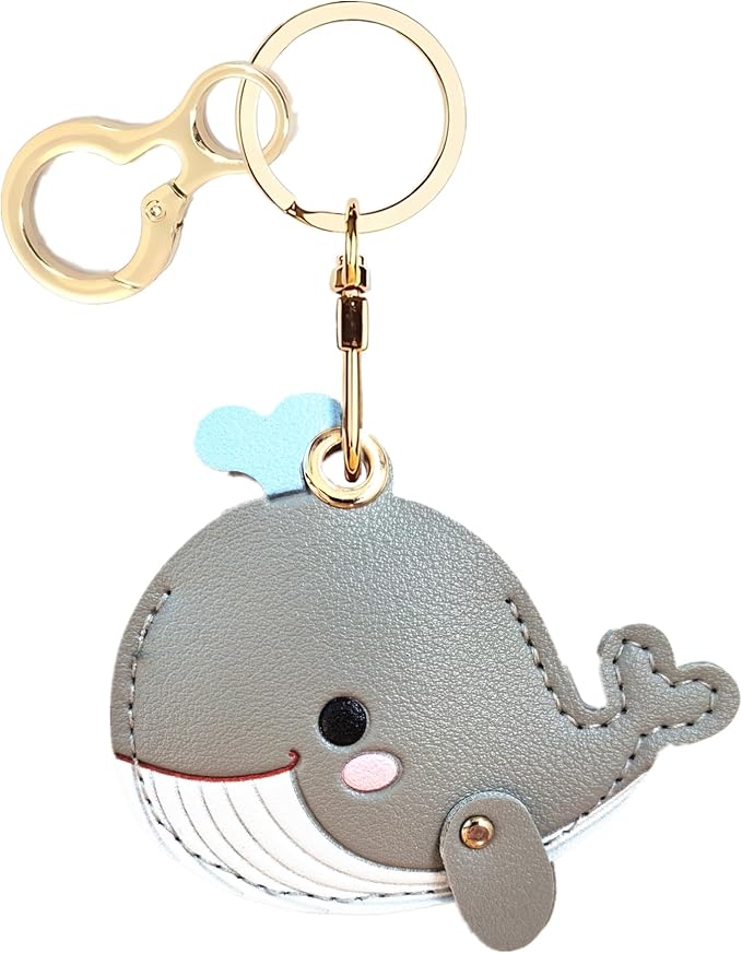 Leather Keychain Holder Case Compatible with AirTag,Cute Protective Cover with Keyring,Anti-Scratch Finder GPS Tracker Case for Wallet Keys,Bag,Pets(Whale Grey)