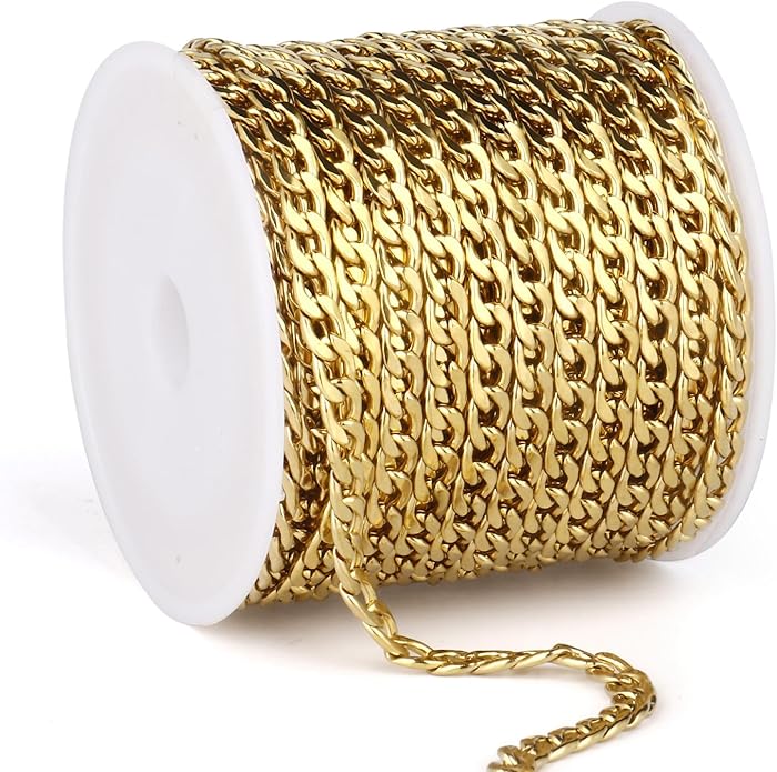 16.5 Ft Stainless Steel Curb Chains, 5mm 6mm 7mm 9mm Cuban Chain Roll Bulk for Jewelry Making