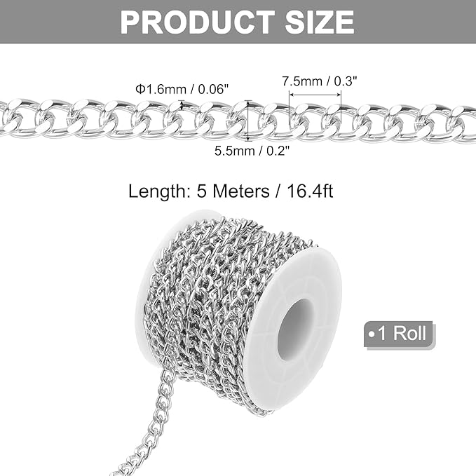 PATIKIL 16.4Ft Aluminium Curb Chains Twisted Links, 7.5x5.5mm Curb Chain Spool Jewelry Making Chains Craft Chain for Necklace Bracelet Earring, Silver