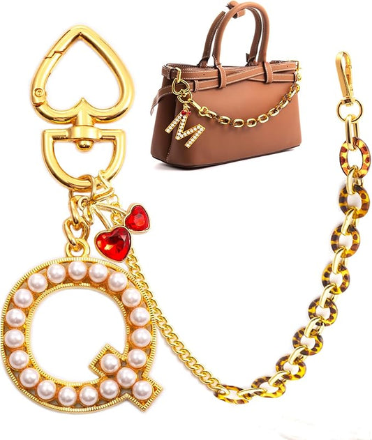 Pearl Initial Keychain with Leopard Bag Charms Wallet Chain Women Cute Alphabet Keychains Charm for Purse Handbag