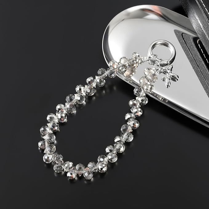 Crystal Phone Wrist Strap Phone Charm Chain Keychain Beaded Cellphone Lanyard with Tether Tab Hands-Free Wristlet Bracelet Wrist Grip Strap for Women, D-Gray
