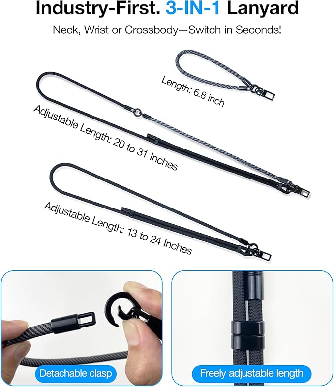 Phone Lanyard Crossbody, 3-in-1 Neck Strap& Wrist Strap, Adjustable Anti-Theft Lanyard with 2 Phone Tether Tabs, Universal Cell Phone Strap for iPhone 17 Pro Max,Travel Essential,Black