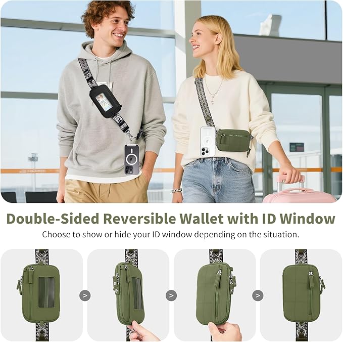 Clip and Go Strap for Phone with Wallet Crossbody Phone Lanyard with Anti-Theft Zipper Pouch Detachable Quilted Wrist Wallet with RFID and ID Window for Daily Travel. Green