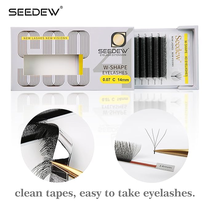 SEEDEW 4D Lash Extensions, 0.07mm C Curl MIX8-15mm 12 Rows/Tray, W Shape Flat Stem, Korean PBT Volume Eyelash Grafting for Beginner Artist, Lash Tech, Beauty Salon(4D-Matte Black-0.07-C-MIX8-15mm)