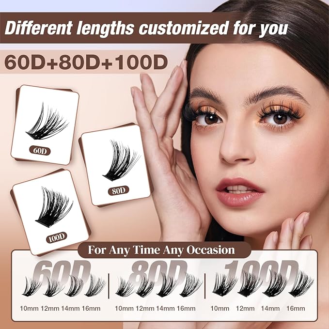 AILAISHI Lash Clusters Kit, DIY Cluster Eyelash Extensions 9‑16mm, 60D+80D+100D, 224pcs Fluffy D Curl Natural Lashes–Fake Cat Eye Individual Clusters