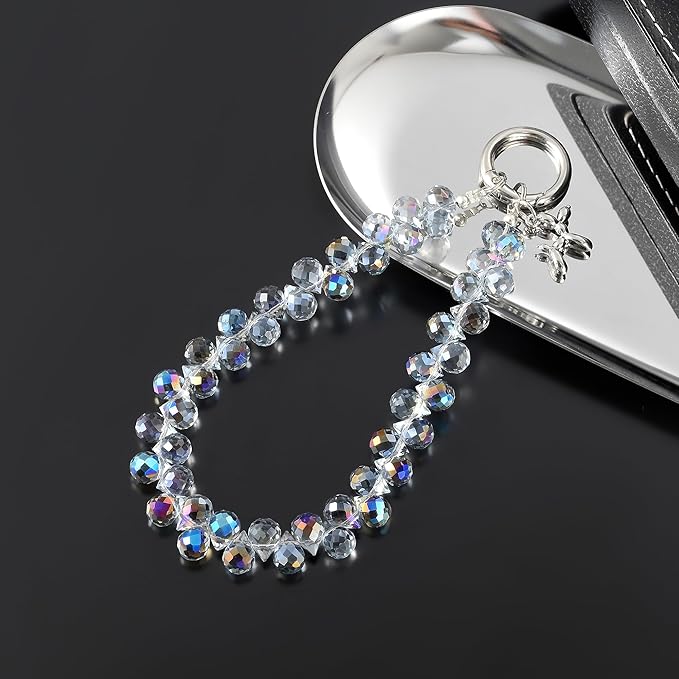 Crystal Phone Wrist Strap Phone Charm Chain Keychain Beaded Cellphone Lanyard with Tether Tab Hands-Free Wristlet Bracelet Wrist Grip Strap for Women, D-Light Blue