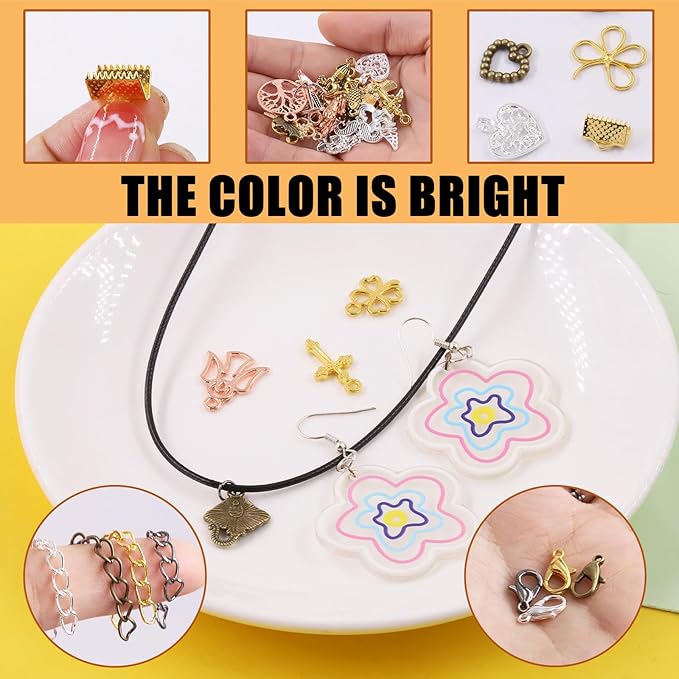 Tanstic 771Pcs 4 Colors Ribbon Ends Fastener Clasps Kit, Bookmark Pinch Crimp Ends with Jump Rings, Lobster Claw Clasps, Chain Extenders, Pendant Charms and Jewelry Pliers for DIY Crafts
