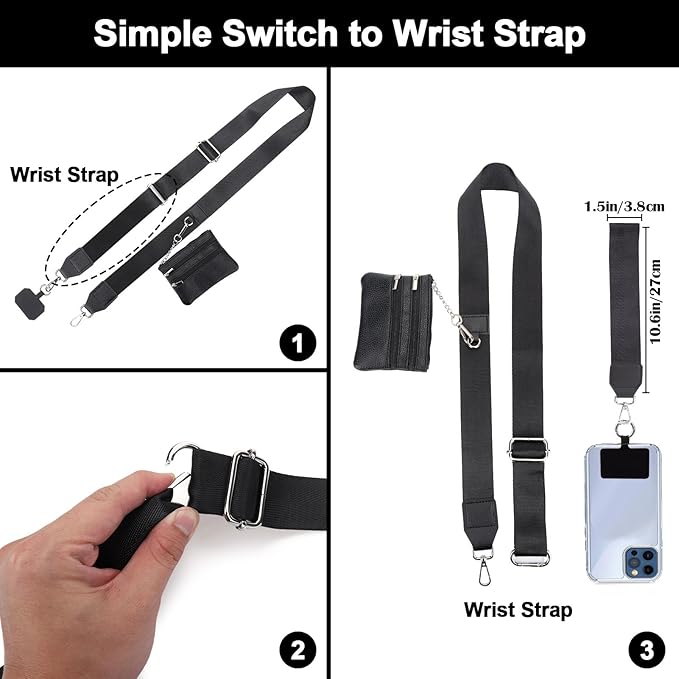 XANGNIER Clip and Go Strap for Phone with Wallet Crossbody, Phone Strap with Zippered Wallet, Adjustable Anti Theft Cellphone Lanyard for Women, Cellphone Chain Accessories, Black