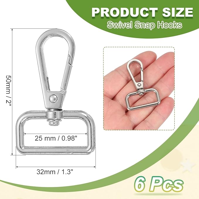 Swivel Snap Hooks, Metal D Ring Keychain Lanyard Clip Hook Lobster Clasp Claw Push Gate Clip - Fitting for(Purse Making - Sewing - DIY Crafts) 6 Pcs & 1" & Silver White