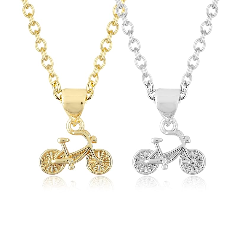 JOR Cycle Charm Pendant Necklace, Athlete Sport Charm, Men and Women Unisex Jewelry, Dainty Gold & Silver Plated Combo Chain 18 inch (Pack of 2)
