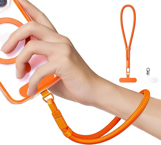 Minimalist Wrist Strap Phone Lanyard with Adjustable Drop-Proof Design, 7mm Reinforced Climbing Rope Material, 2 Phone Tether Tabs (Matching Metal and Rotatable Clear) - Orange