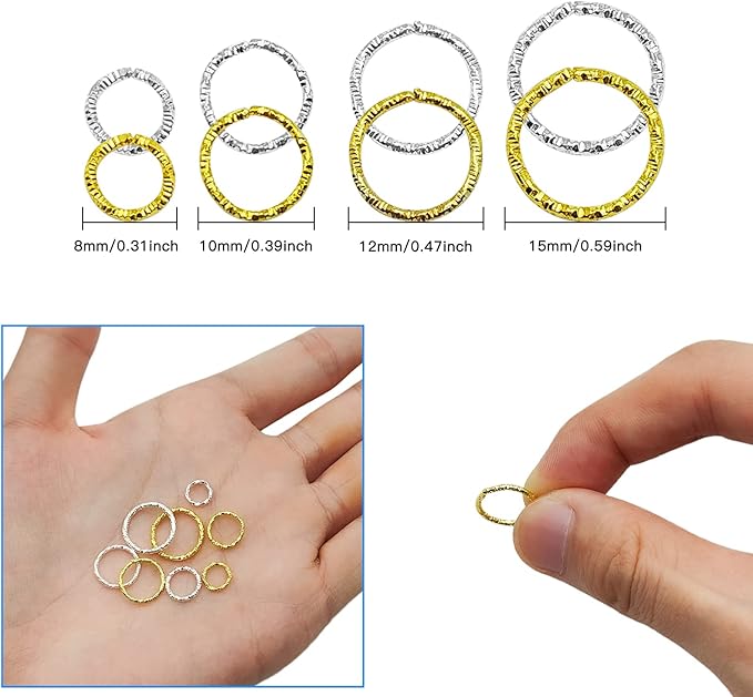 600Pcs Twisted Gold Linking Open Jump Rings, 8/10/12/15mm O Rings Connectors Jewelry Findings Circle Frames for Making DIY Earrings Bracelet Necklace Keychain Pendants Crafts(Gold/Sliver)
