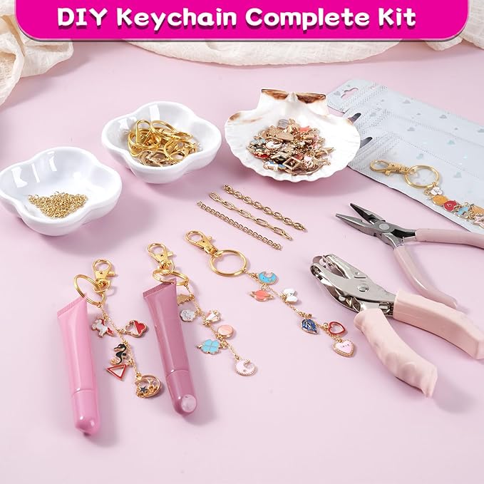 Sileasncei 277Pcs Charms Lip Gloss Keychain Making Kit, DIY Bag Charm Kit with 100 Enamel Charms, Keychain Clips, Chains, Jewelry Pliers, Hole Punch & Gift Bags for Custom Keychains Making Supplies