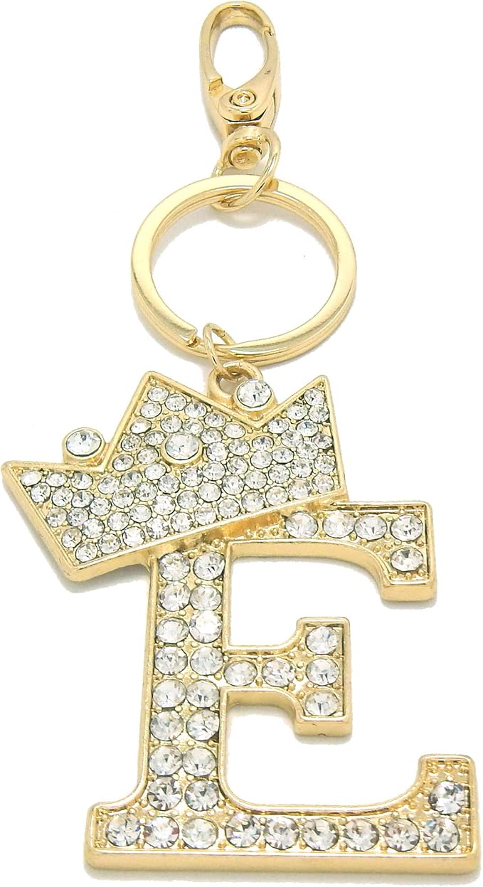 CBC Crown Crystal Rhinestone Letter Initial Keychain, Gold Metal, Bag Charm with Key Ring Approx. 2.17" x 2.56"