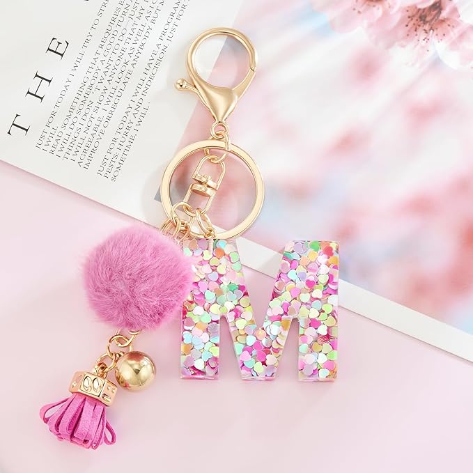 Resin Alphabet Initial Letter Keychain Keyring for Women Purse Handbags With Fur Ball Pom