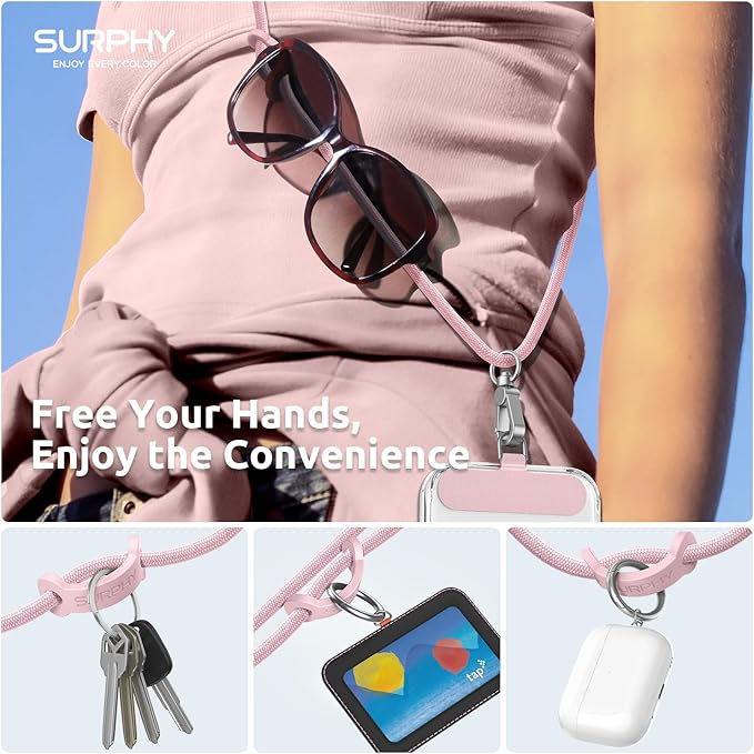 SURPHY Phone Lanyard, Adjustable Phone Strap Crossbody with 2 Pack Cell Phone Tether Tab, Premium Metal Buckles, Skin-Friendly, Universal Cell Phone Lanyard Crossbody for Women and Men, Pink