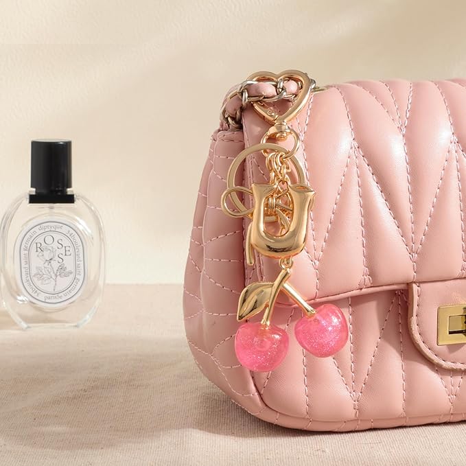 Snycler Bubble Initial Keychain with Cherry & Bow - Gold Letter Bag Charms for Women, Cute Purse Handbag Accessories