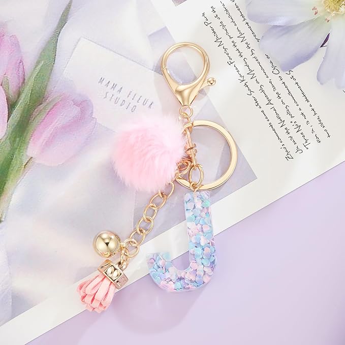 Resin Alphabet Initial Letter Keychain Keyring for Women Purse Handbags With Fur Ball Pom