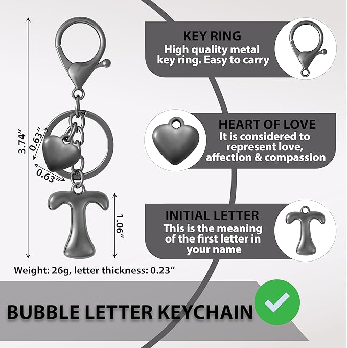 Heart Bubble Letter Keychain for Women, Girls - Cute Keychain with Initial - Alphabet Keychain for Bag Charm, Handbag